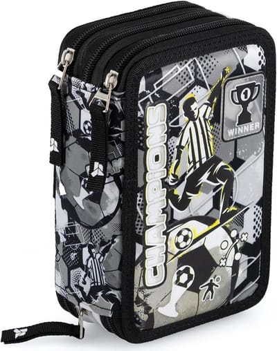 Drievoudig gevuld etui voor school, 44 schoolaccessoires, 20 cm, zwart-wit