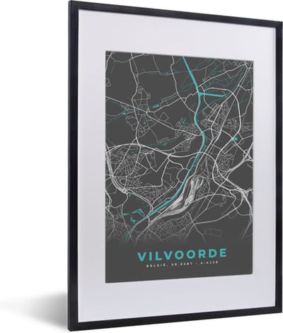 Fotolijst incl. Poster - Stadskaart – Grijs - Kaart – Vilvoorde – België – Plattegrond - 30x40 cm - Posterlijst