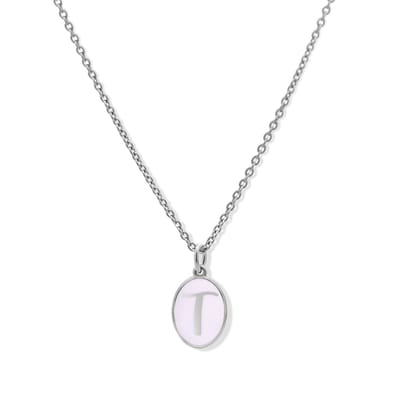 New Bling 9LA-20059-T Zilveren Ketting met Letterhangertje - T - Ovaal - 12x8,8mm - Emaille - Lila - Initiaal sieraad - Rhodium - Zilver