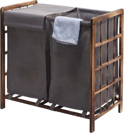 Wasmand met 2 vakken - Wasbox Laundry - Sorteren van wasgoed - Massief houten frame - 60x60x33cm - Bruin grijs