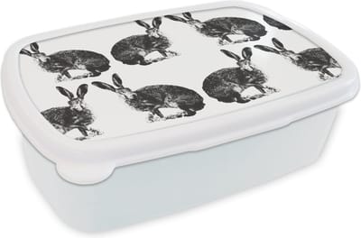 Broodtrommel Wit - Lunchbox - Brooddoos - Vintage - Design - Konijn - Dieren - 18x12x6 cm - Volwassenen
