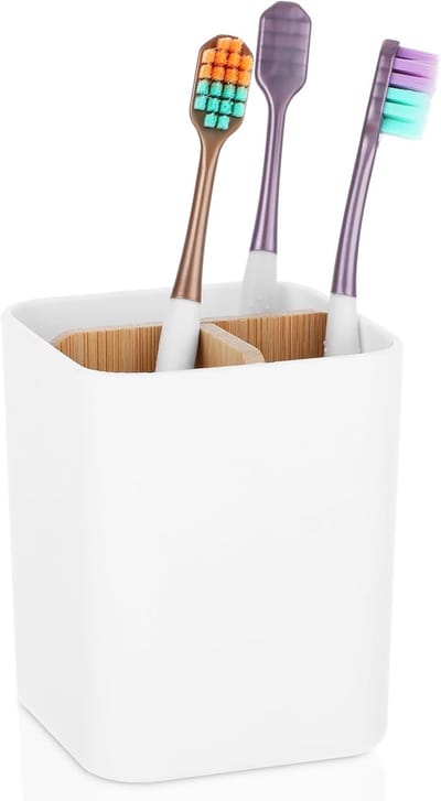 Famanu – Tandenborstelhouder met bamboe verdeler – 3 sleuven + drainage – antislip badkamer organizer (wit)