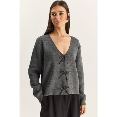 Geknoopte Gedetailleerde V-Hals Cardigan
