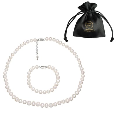 Zoetwaterparel set Bella - echte parels - handgeknoopt - sterling zilver (925) wit - parelketting + parel armband - parel set dames - sieraden zakje