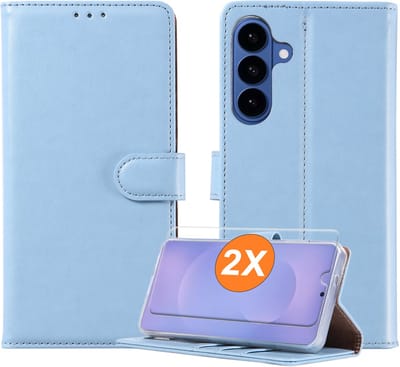 Hoesje geschikt voor Samsung Galaxy S26 5G hoesje Blauw pasjeshouder telefoon hoes - Met screenprotector tempered glass voor Galaxy S26 5G - 2x