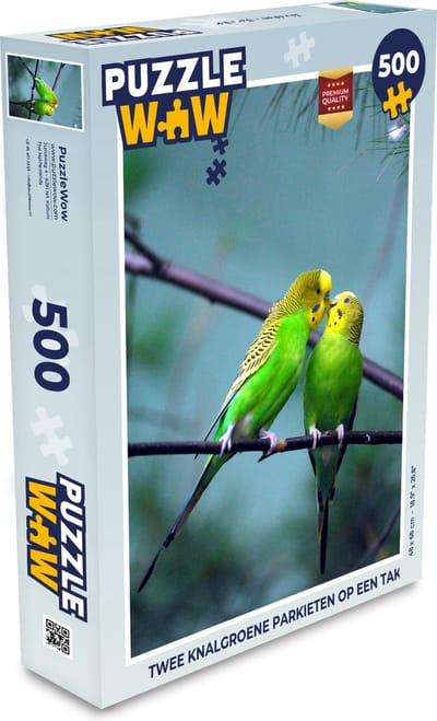 Puzzel Twee knalgroene parkieten op een tak - Legpuzzel - Puzzel 500 stukjes