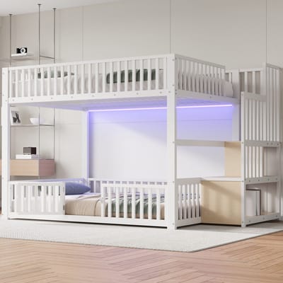 MODFU Stapelbed 140x200 cm – Lage constructie met opbergladder & LED – Wit – Metaal en MDF