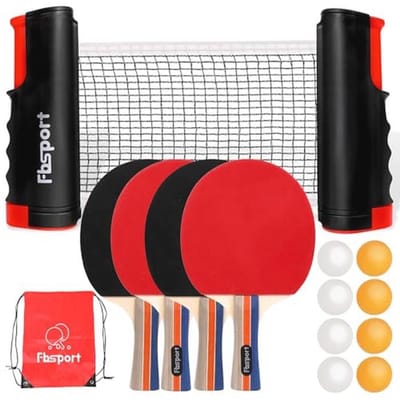 Tafeltennisset met 4 batjes, intrekbaar net, 8 ballen en draagtas voor binnen en buiten