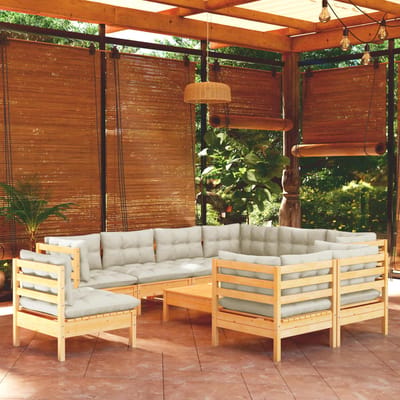 vidaXL - 10-delige - Loungeset - met - crèmekleurige - kussens - grenenhout