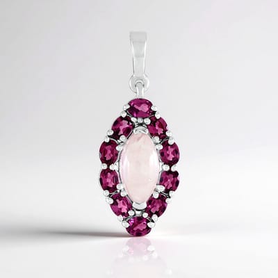 Cavill - Zilveren Hanger 925 Sterling Zilver - Marquise Rozenkwarts 2,1 ct & Rhodoliet 2,08 ct - Platina Geplateerd - Elegant Sieraad Dames