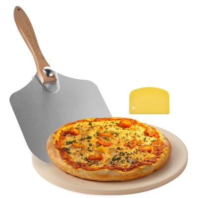 VEVOR Pizzasteen Baksteen 381 X 381 mm, Ronde Cordieriet Pizzasteen, Grote Steenplaat met Schraper en Aluminium Schil, 17 mm Dik, Hittebestendig, Geschikt voor Keukenovens, Broodbakken en Pizzabakken