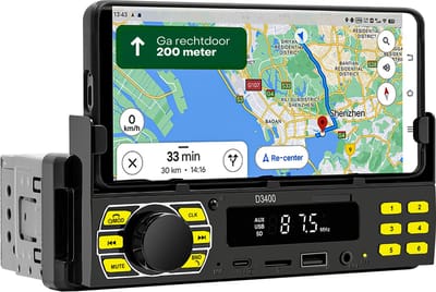 Boscer 1Din Autoradio met Ingebouwde Telefoonhouder - Bluetooth - USB, SD, AUX & USB-C - Handsfree - Afstandsbediening - Enkel DIN Auto Radio - Ingebouwde Microfoon