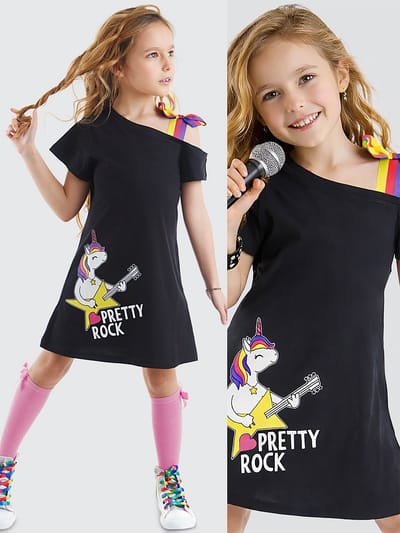 MSHB&G MS-23Y1-002 Zwart Meisjes Jurk Unicornprint Rock 140