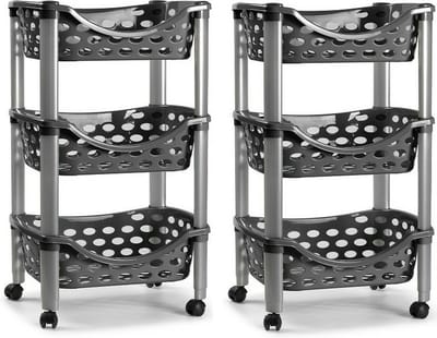 Plasticforte keukentrolley - 2x stuks - 3 laags - kunststof - donkergrijs - 40 x 65 cm - opslag rekjes