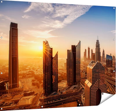 Gards Tuinposter Dubai Stad bij Zonsopgang - 150x120 cm - Tuindoek - Tuindecoratie - Wanddecoratie buiten - Tuinschilderij