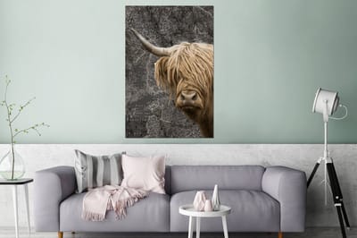 Aluminium schilderij 120x180 cm - Wanddecoratie metaal - Schotse hooglander - Koeien - Wereldkaart - Metalen muurdecoratie woonkamer - Decoratie industrieel - Foto op dibond - Industriële accessoires slaapkamer