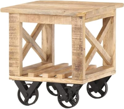 Bijzettafel Mangohout - Salontafel Wielen - Opbergen Boeken - Handgemaakt Uniek Stuk - 40 x 40 x 42 cm
