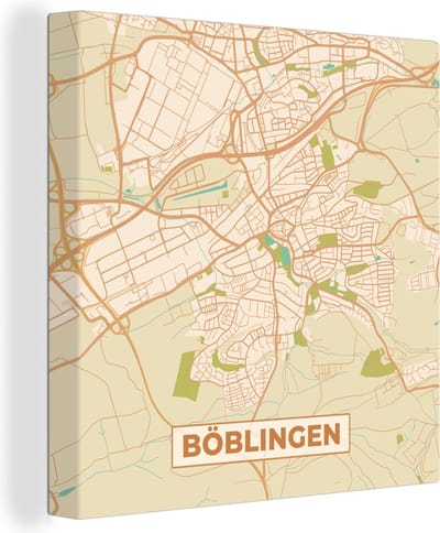 Canvas Schilderij Böblingen - Plattegrond - Vintage - Kaart - Stadskaart - 20x20 cm - Wanddecoratie