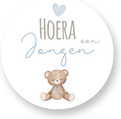 25x Sluitsticker Hoera een jongen- Beer- 40 mm - Geboorte Sticker - Sluitzegel - Sticker Geboortekaart - Baby nieuws - Trakteren Broer Zus Basisschool Kinderdagverblijf - Sluitstickers Pimp Studio