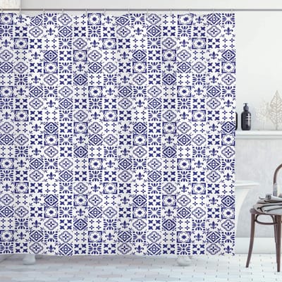 ABAKUHAUS Indigo douchegordijn – Tile Vierkant – 175×180 cm – Polyester