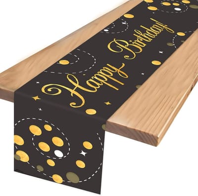 SnelShoppen - Verjaardagstafelkleed 180 x 35 cm, Tafeldecoratie Zwart Goud Tafelrunner 'Happy Birthday', Polyester, Herbruikbaar en Wasbaar voor Feest