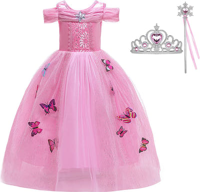 Prinsessenjurk meisje - Roze vlinders - Verkleedkleren meisje - Maat 134/140 - Accessoires - Roze jurk - Carnavalskleding kinderen