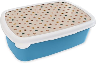 Broodtrommel Blauw - Lunchbox - Brooddoos - Bloemen - Patronen - Stippen - 18x12x6 cm - Kinderen - Jongen
