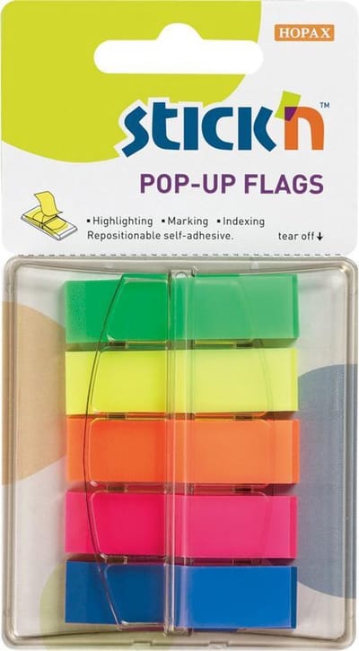 Stick'n Index tabs in houder - 45x12mm, neon assorti 5 kleuren, 200 sticky tabs