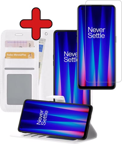 Hoesje - Met Screenprotector - Geschikt voor OnePlus Nord CE 2 - Luxe Pasjeshouder - Flipcase - Bookcase Portemonee - Flip Case - Kunstleer Book Case - Book Cover - Walletcase - Portemonneehoes - Telefoonhoes - Wit