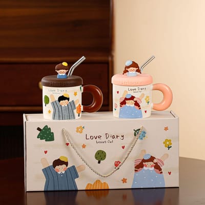 Geschenkdoos Cadeau Cadeaus Keramische Beker met Deksel Rietje Beker Leuke Cartoon Mok Hittebestendig Meisjes Waterbeker 380ML