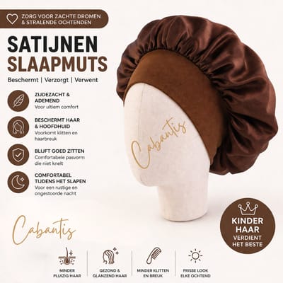 Cabantis® Kinder Slaapmuts Satijn – Anti Pluis & Klitten – Zachte Bonnet voor Krullen – Beschermt Haar tijdens Slapen – Comfortabele Pasvorm - Bruin