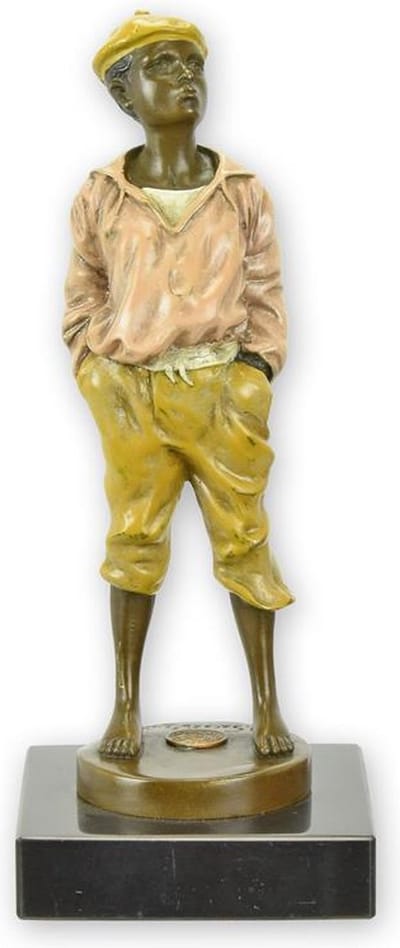 Bronzen beeld ‘The Whistler’ – Sculptuur/beeldje – bronzen jongen beeld, interieur decoratie - Handgegoten brons – Handgepatineerd – Stabiele sokkel - 20,7 cm hoog – Multicolor