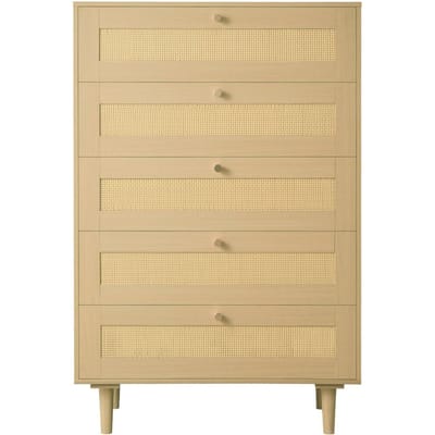 5-lade Rotan Commode, Moderne Kledingkast Commode voor Slaapkamer, Natuurlijke Rotan Ladekast met Metalen Handgrepen & Houten Poten, Kleding Organizer Kast