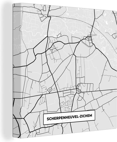 Canvas Schilderij Stadskaart – Plattegrond – België – Zwart Wit – Scherpenheuvel Zichem – Kaart - 20x20 cm - Wanddecoratie