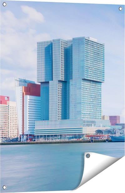 Gards Tuinposter Rotterdamse Skyline aan het Water - 60x80 cm - Tuindoek - Tuindecoratie - Wanddecoratie buiten - Tuinschilderij