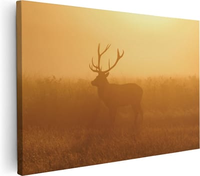 Artaza Canvas Schilderij Hertenkop Met Gewei - 30x20 cm - Klein - Wanddecoratie Dieren - Muurdecoratie Mistige Zonsopgang - Kamer Accessoires