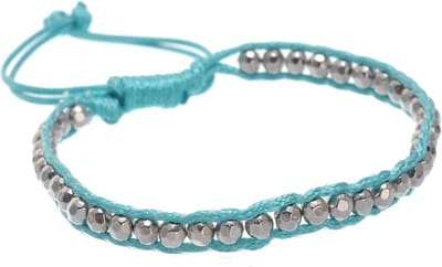 Behave - Verstelbaar Koord Armbandje - Aqua Blauw met Zilverkleurige Kraaltjes