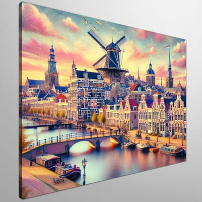 Amsterdam grachten en molen | Sfeervolle stadszicht met kleurrijke grachten, historische gevels en iconische molen | Kunst - 60x60 centimeter op Canvas | Kunstprint op Canvas