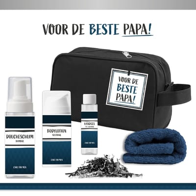 Geschenkset ''Voor de beste papa!" - 5 Producten - 500 Gram - Triomf Cosmetica | Toilettas zwart Giftset voor Hem Doucheschuim Bamboo Verjaardag Vaderdag Wellness Cadeau Man Allerbeste Papa Nummer 1 Verjaardagscadeau Topper Speciaal voor jou Blauw