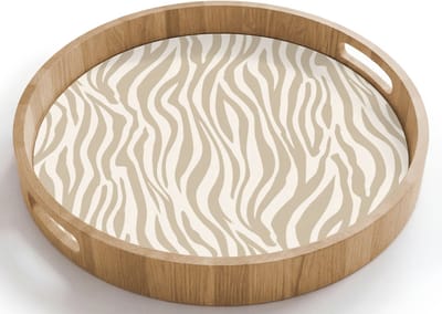 Dienblad rond 40x40 cm - Schootdienblad hout - Zebra - Patroon - Beige - Borrelplank rechthoek - Plateau houten dienbladen