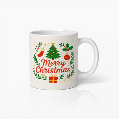 Merry Christmas Mok 330ml – Feestelijke Koffiekop met Boom, Cadeaus & Versieringen – Kerstcadeau voor Vrienden & Familie