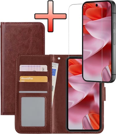 Hoesje - Met Screenprotector - Geschikt voor Google Pixel 9 - Luxe Pasjeshouder - Bookcase Portemonee - Flip Case - Kunstleer Book Case - Flipcase - Book Cover - Walletcase - Portemonneehoes - Bruin