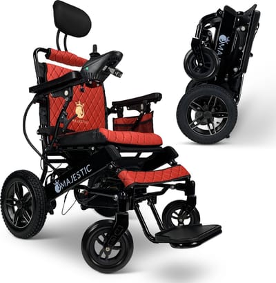 COMFYGO IQ-9000 AR Elektrische rolstoel, lichtgewicht, draadloze afstandsbediening, tot 30km, handmatig inklapbaar met Automatisch achterover leunen, Zwart frame & Rood leer textiel, Zitbreedte 45cm