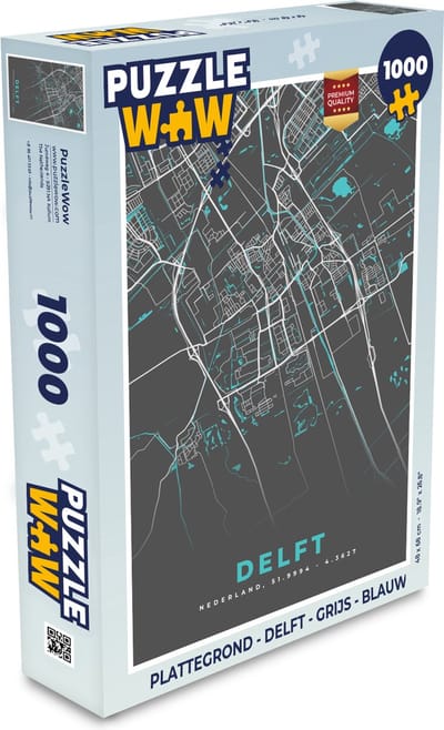 Puzzel Plattegrond - Delft - Grijs - Blauw - Legpuzzel - Puzzel 1000 stukjes volwassenen - Stadskaart