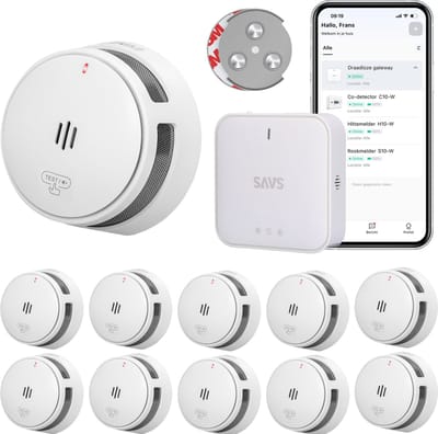 SAVS LinkSmart Slimme Rookmelder bundel zonder boren - 10 S10-W Rookmelders en G10 Base Station - Met magneet montage - Werkt via app - WiFi gateway - Draadloos RF koppelbaar - Brandalarm - Smart home