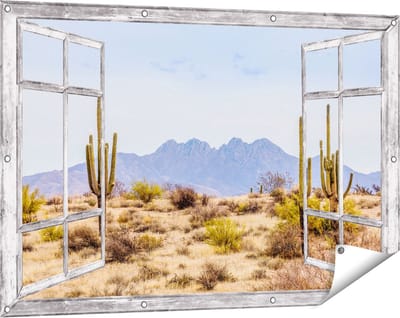 Gards Tuinposter Doorkijk Cactussen in de Woestijn - 120x80 cm - Tuindoek - Tuindecoratie - Wanddecoratie buiten - Tuinschilderij