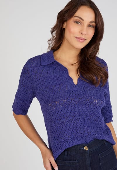 Damart - Trui polokraag opengewerkt tricot - Dames - Blauw - XL