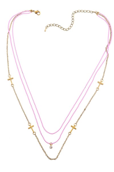Behave -Ketting 3rijen Goudkleur met Roze en kruis