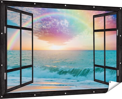 Gards Tuinposter Doorkijk Regenboog in het Water bij het Strand - 180x120 cm - Tuindoek - Tuindecoratie - Wanddecoratie buiten - Tuinschilderij