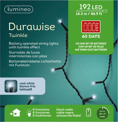 Lumineo Kerstverlichting - twinkle - op batterij - helder wit - buiten - 192 lampjes - boomverlichting